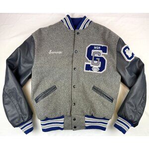 Meca Wool Letterman Varsity Jacket Mens Medium Gray Navy Embroidered Lined Vinta